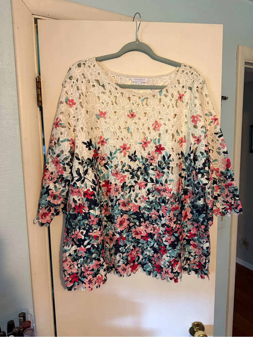 Charter Club Floral Lace Overlay Blouse, Pink & Teal
